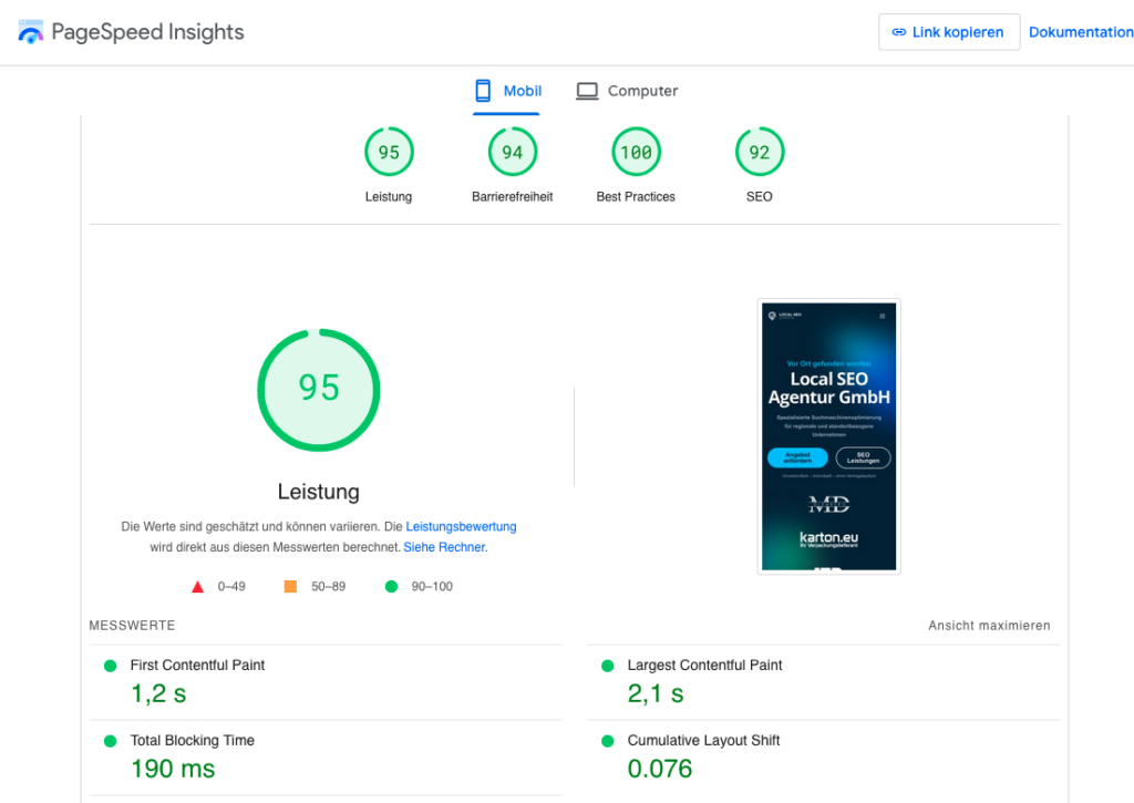 Corw Web Vitals Werte unserer Startseite