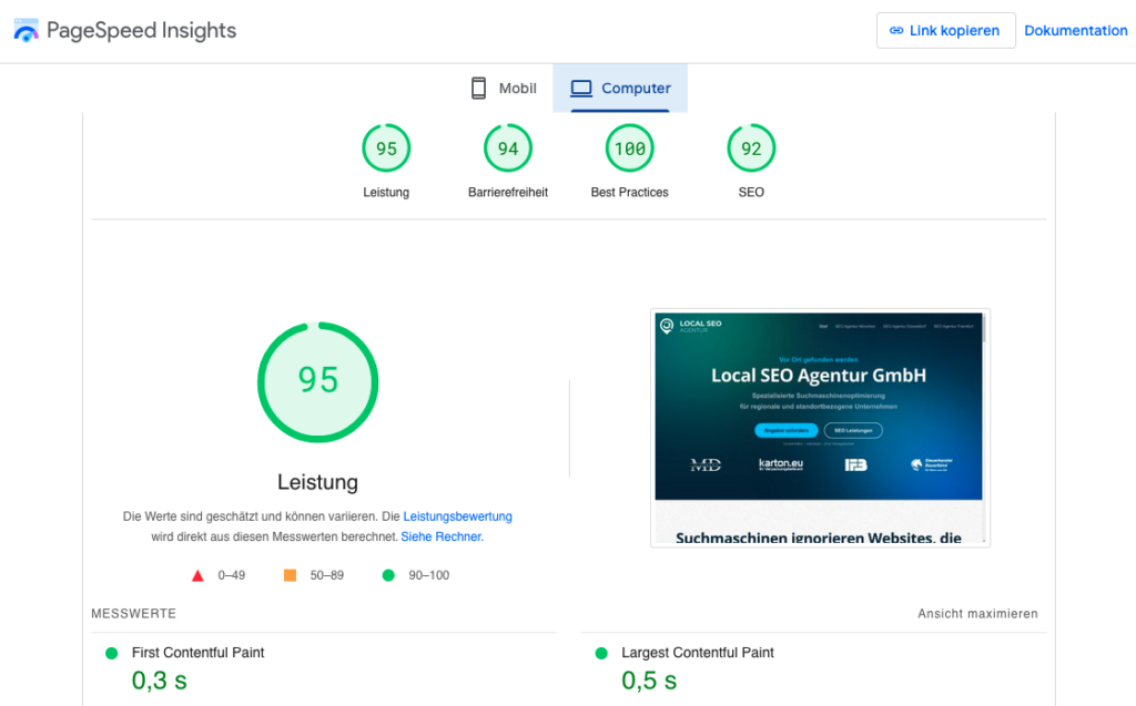 PageSpeed Optimierungsgrad unserer Startseite der Local SEO Agentur GmbH